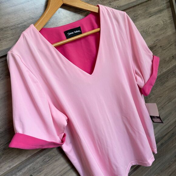 Sharon Anthony Dressy Pink V-neck Blouse NWT Cuffed Short Sleeves Women’s 1X - Picture 3 of 6